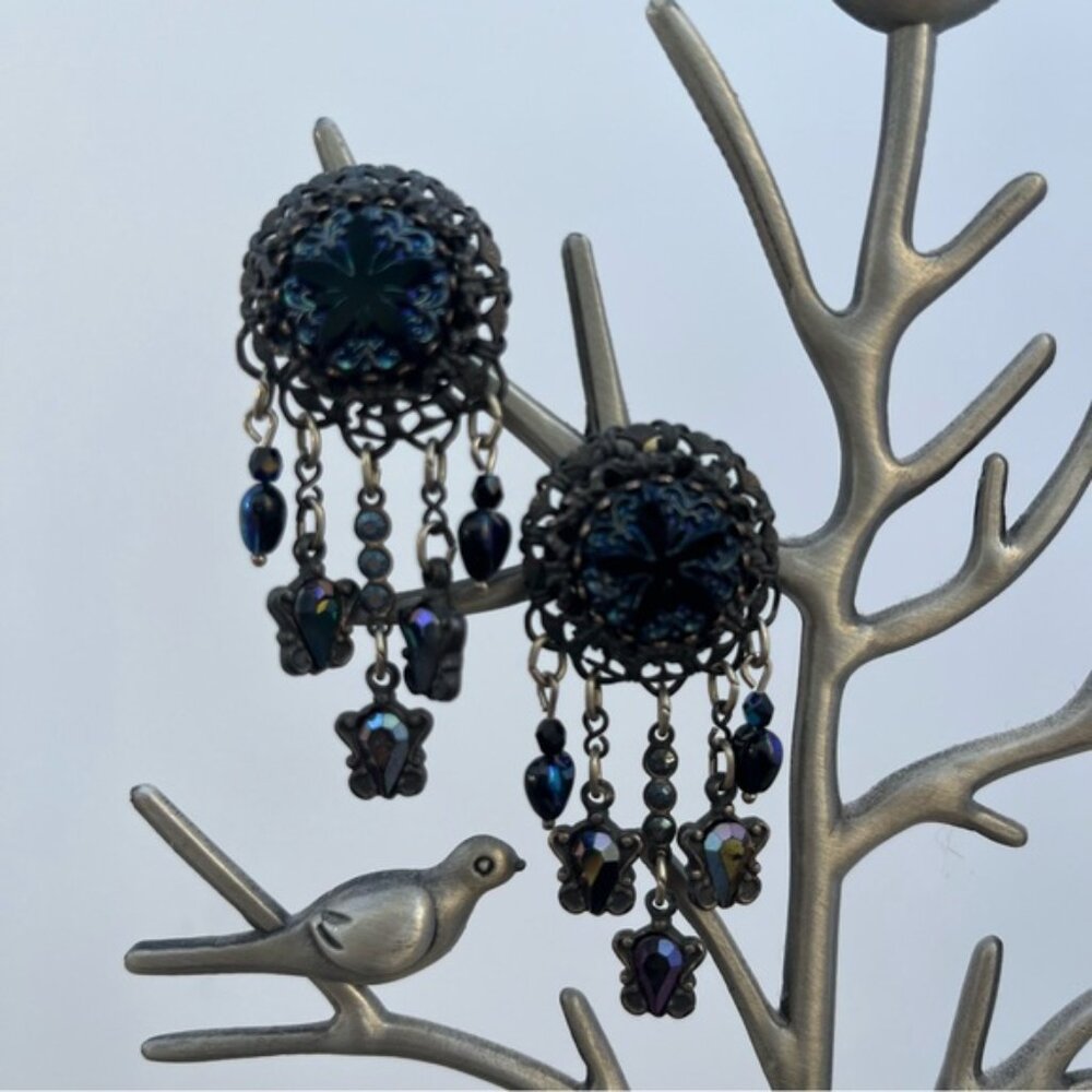 Vintage Banana Bob Silver Blue Iridescent Stone Starfish Dangle Clip On Earrings - Picture 2 of 11